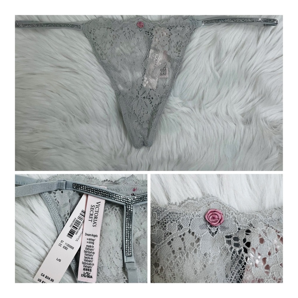 NWT! Victoria's Secret Rhinestone Strap Lace V-String Panty Silver Grey